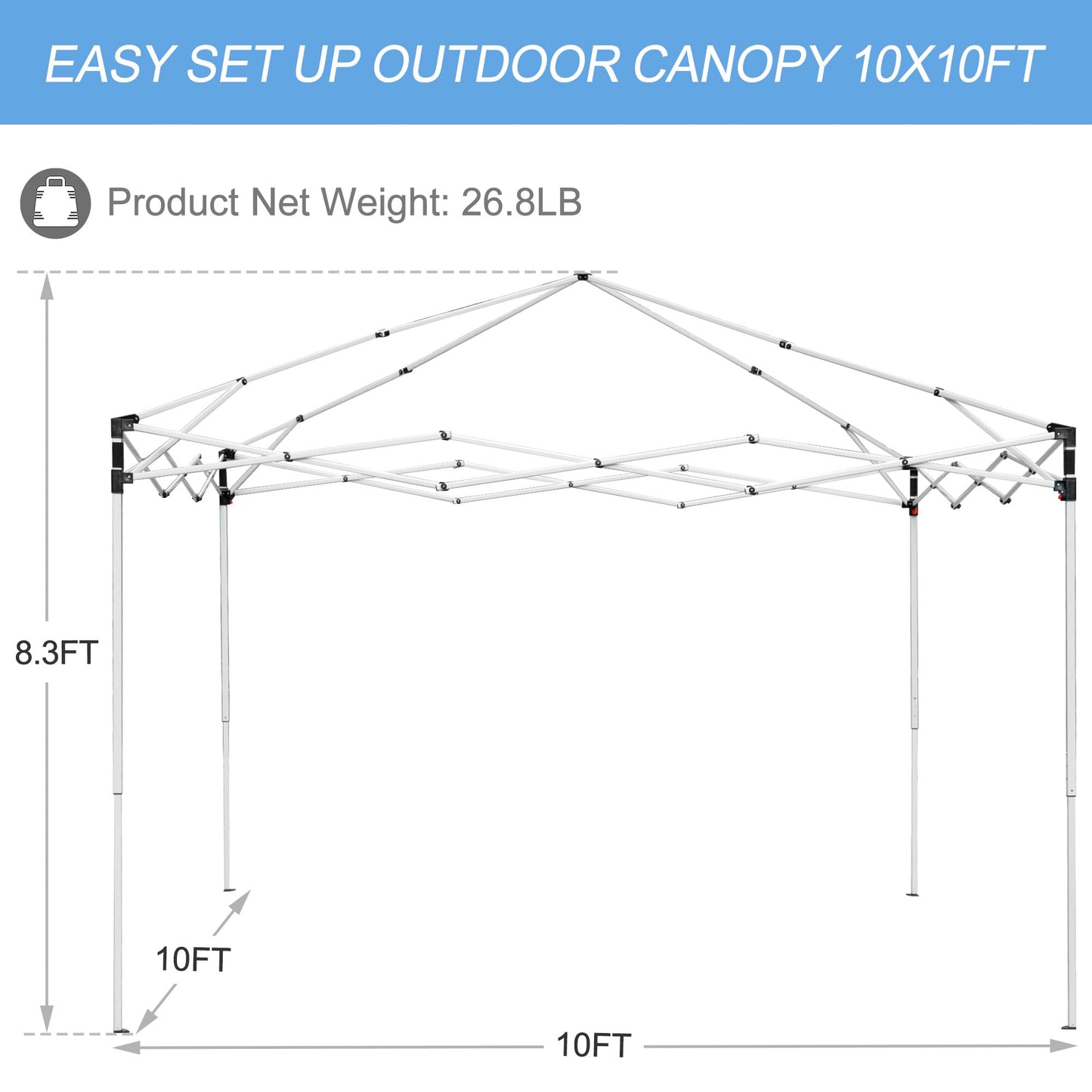 ZENY 10x10 Pop Up Canopy Tent Easy Set-up Outdoor Patio Canopy Adjustable Straight Leg Heights Instant Shelter with Wheeled Bag, Ropes (10x10ft-Grey)