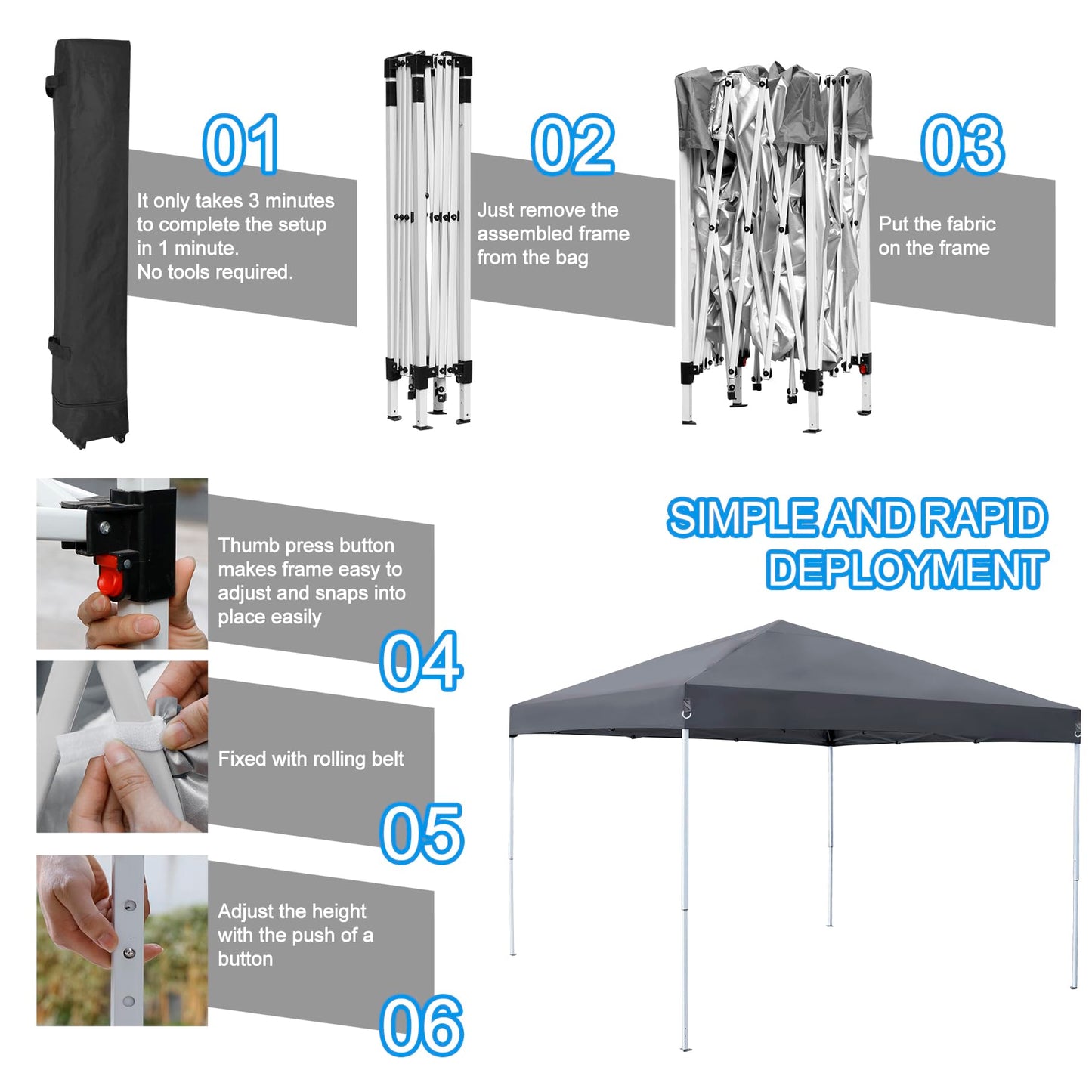 ZENY 10x10 Pop Up Canopy Tent Easy Set-up Outdoor Patio Canopy Adjustable Straight Leg Heights Instant Shelter with Wheeled Bag, Ropes (10x10ft-Grey)