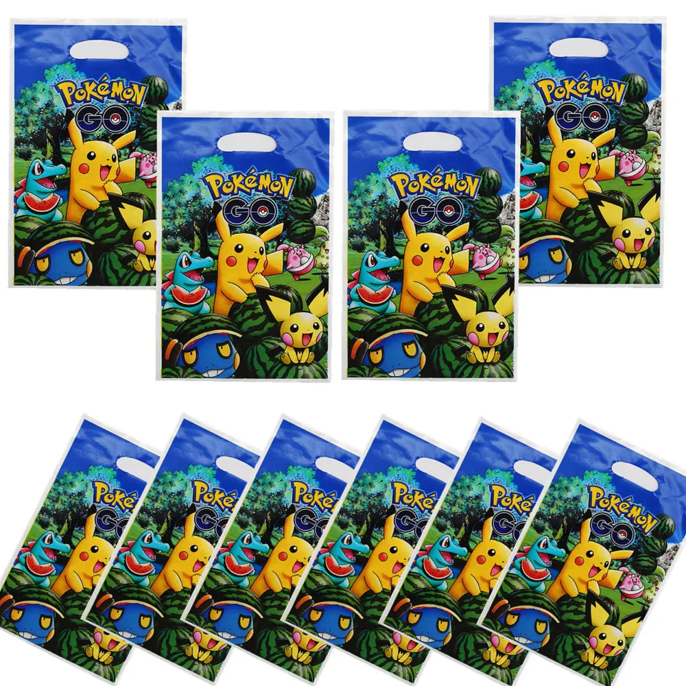 10Pcs/Pack Cartoon Pokemon Pikachu Theme Plastic Candy Loot Bag Handle Gift Bag Kids Favor Birthday Party Decoration Supplies