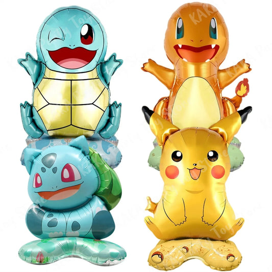 4Pcs Standing Pokemon Balloon Cartoon Pikachu Squirtle Bulbasaur figure Foil Ballon Decoration Supplies Kids Birthday Party Gift