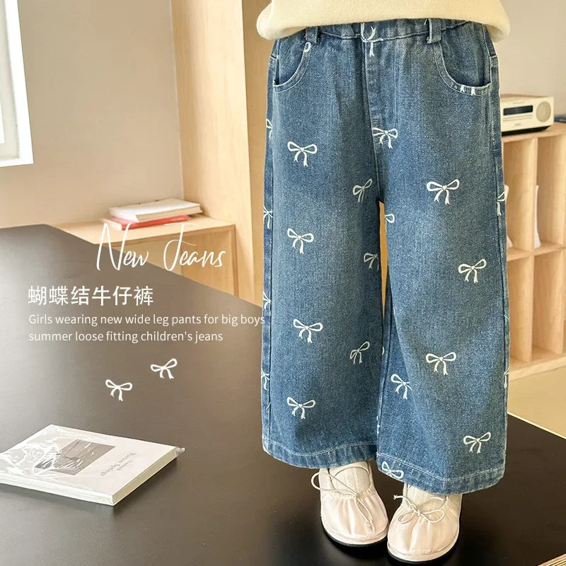 2024 Autumn New Korean  Full Print Bow Loose Jeans Girls' Straight leg Jeans girls pants kids clothes