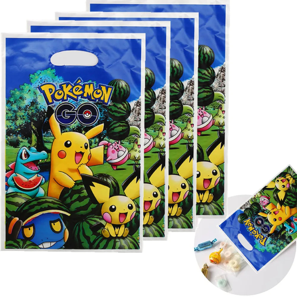 10Pcs/Pack Cartoon Pokemon Pikachu Theme Plastic Candy Loot Bag Handle Gift Bag Kids Favor Birthday Party Decoration Supplies