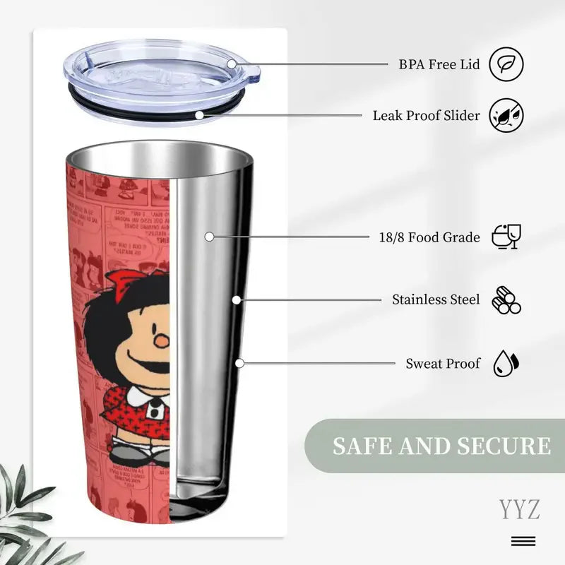 20oz Mafalda Cartoon Tumbler Vacuum Insulated Anime Thermal Cup with Lid Straw Office Home Mugs Hot Cold Drink