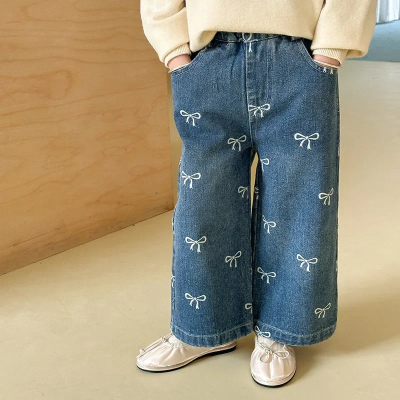 2024 Autumn New Korean  Full Print Bow Loose Jeans Girls' Straight leg Jeans girls pants kids clothes