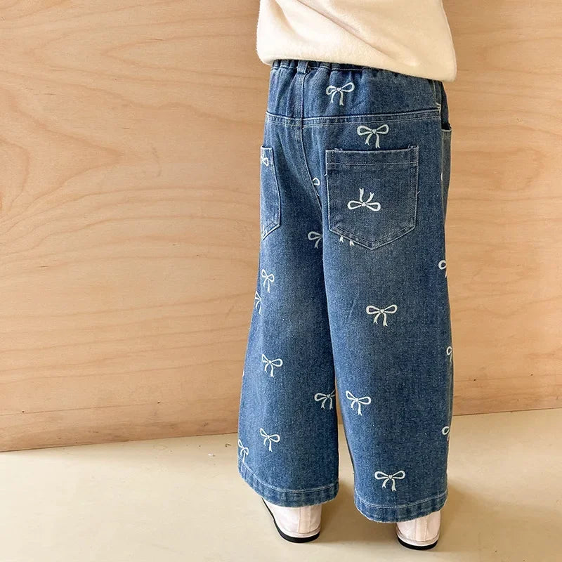 2024 Autumn New Korean  Full Print Bow Loose Jeans Girls' Straight leg Jeans girls pants kids clothes